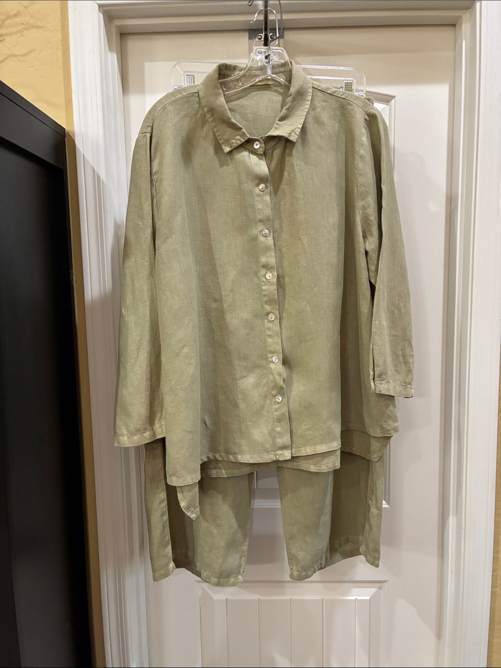 cut loose Olive Green Cropped Linen Pants and Matching Button Front Blouse